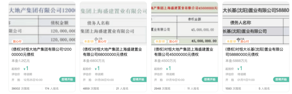 1元起拍，恒大地產(chǎn)集團(tuán)1.2億元債權(quán)拍賣參與者眾多