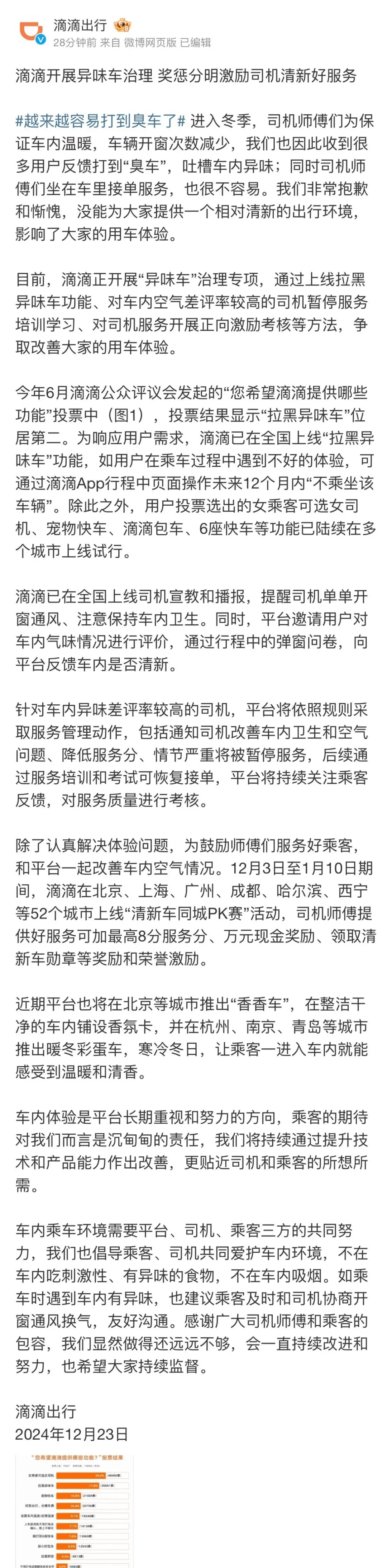 滴滴就“打到臭車”致歉：正開展“異味車”治理，拉黑功能上線
