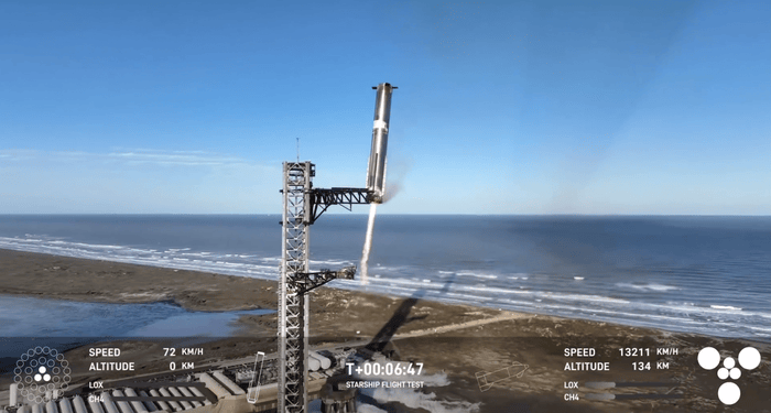 SpaceX星艦第七次試飛入軌失敗，但再次完成“筷子夾火箭”回收
