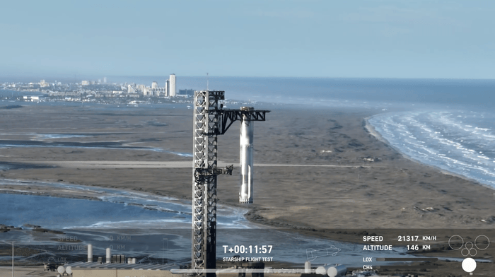 SpaceX星艦第七次試飛入軌失敗，但再次完成“筷子夾火箭”回收
