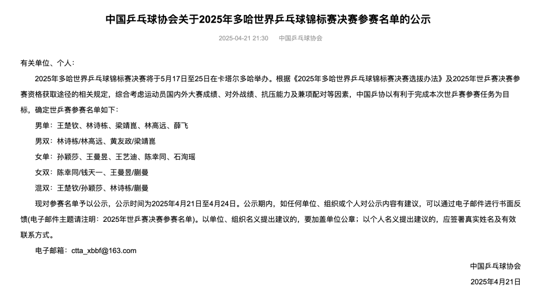 中國乒乓球隊(duì)公示多哈世乒賽參賽名單