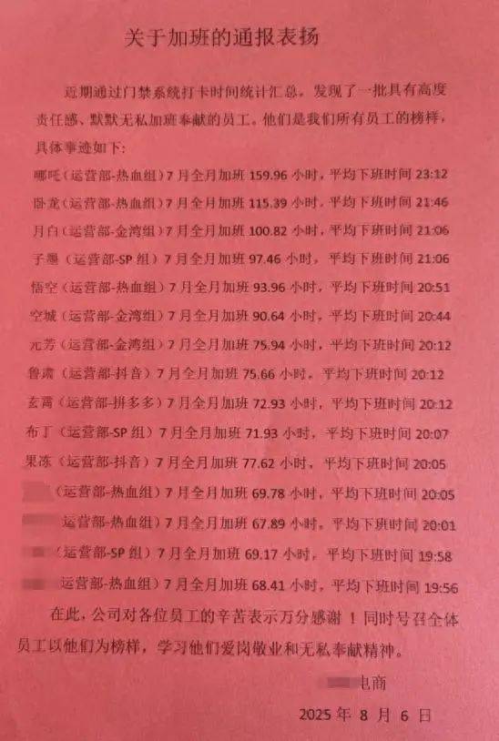 上海一公司通報(bào)加班表揚(yáng)名單，最高時(shí)長近160小時(shí)，工作人員稱非強(qiáng)制，需申請會有加班費(fèi)