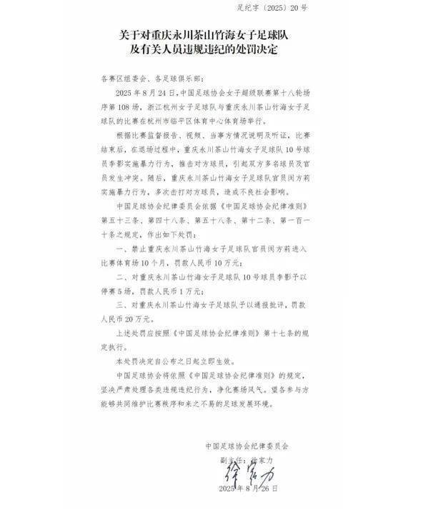 中國足協(xié)重罰“女足賽場沖突”，多人被禁賽、罰款