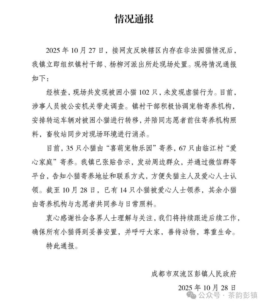 成都一空置房被曝上百只貓被關(guān)在鐵籠，官方通報(bào)：未發(fā)現(xiàn)虐貓行為，被困小貓已安全轉(zhuǎn)移，涉事人員被公安機(jī)關(guān)帶走調(diào)查